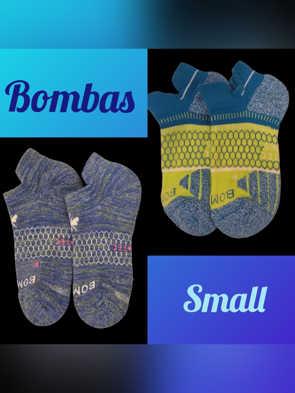 Bombas Ankle Socks Hex•Tec Small 2 Pair Womens Honeycomb Blue/Green BNWOT